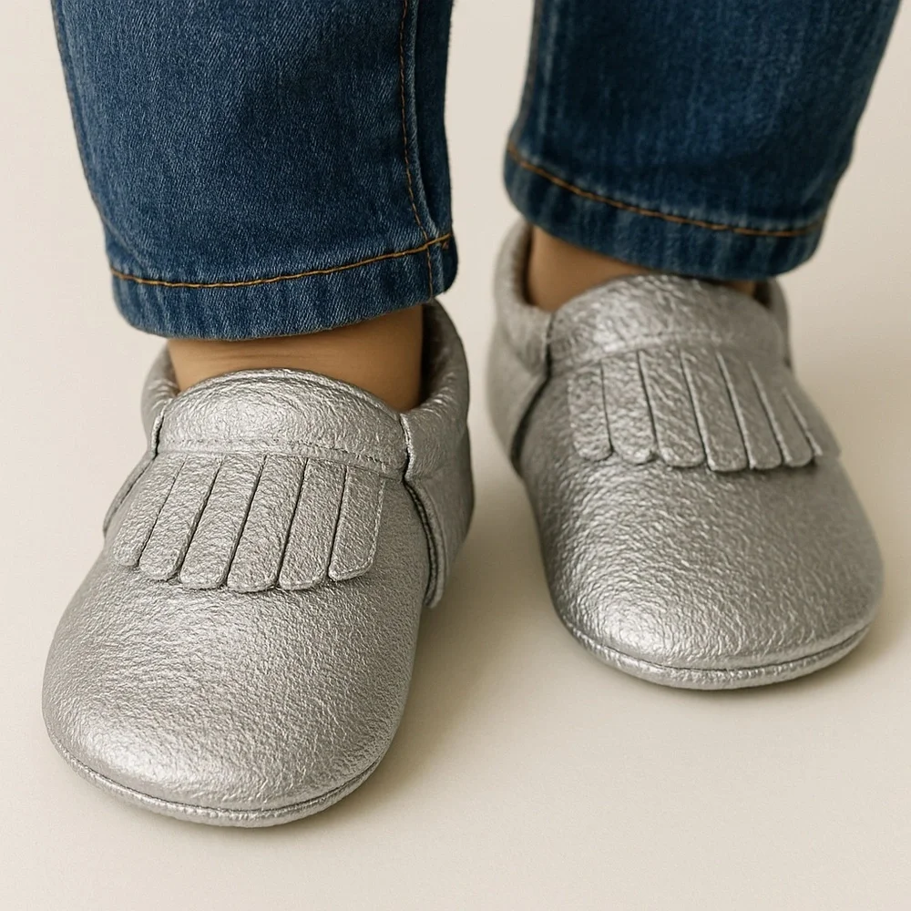 NWT Silver Genuine Leather Baby Moccasins - 6-12 Months